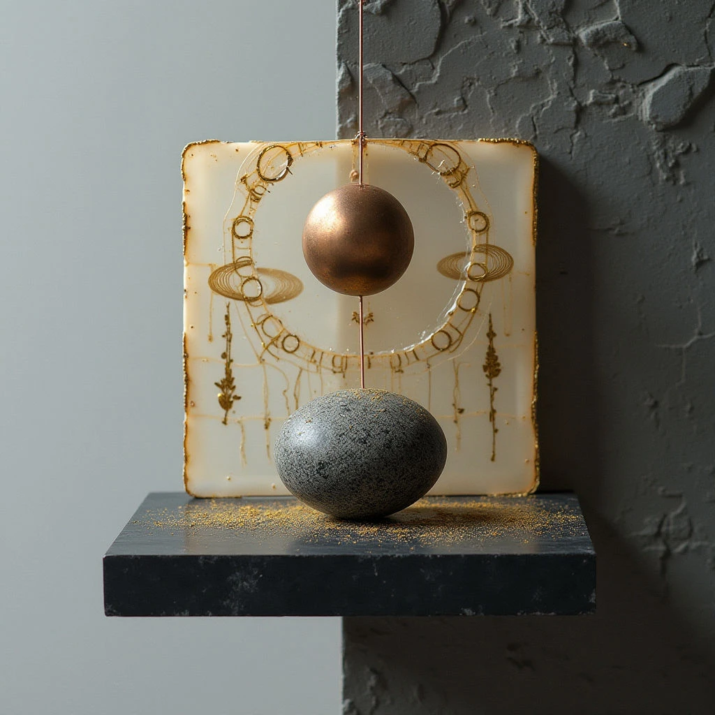 The image features a dark shelf supporting two spherical forms—one copper-toned and suspended above, one gray and resting on the surface. Behind the spheres is a square panel of translucent material with gold detailing depicting orbital rings, illuminated from behind to create a soft glow. The scene is lit unevenly, casting shadows that emphasize the textures of the rough wall and speckled stone surfaces, while spatial relationships suggest depth through layering and suspension.