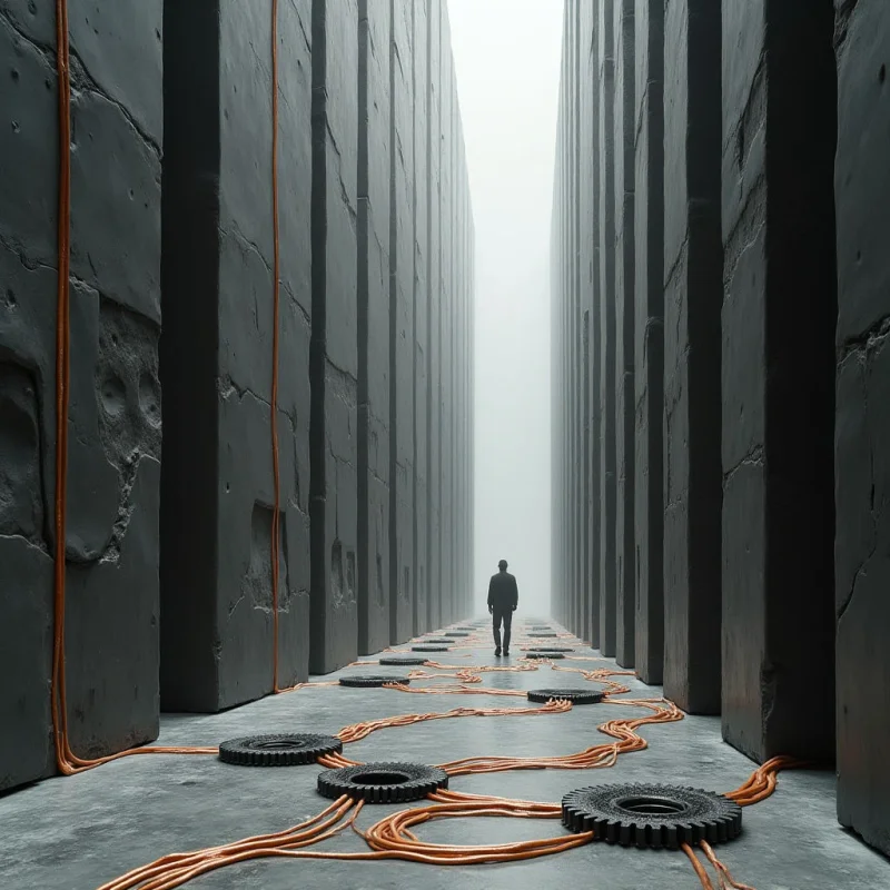 Tall, dark gray monolithic walls create a narrow corridor that recedes into a bright, white void. Copper-colored cables snake across the textured ground and trail down the vertical surfaces, connecting several black gear-like shapes. The scene is defined by strong vertical lines and a high-contrast light source originating from the distant center.