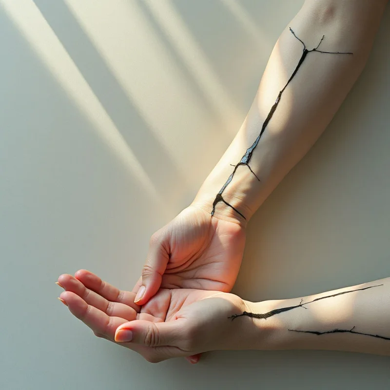 The image features pale skin tones contrasted with sharply defined black lines resembling cracks running along the length of two arms and hands. Soft, diffused light creates shadows that fall across a smooth, flat background surface and partially onto the limbs. The arms are positioned close together, with the hands open and facing each other, creating a sense of contained space between them.