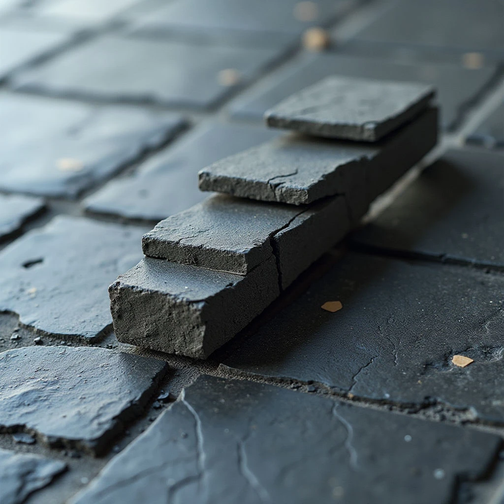 The image is dominated by cool gray tones with subtle variations in shade across a field of overlapping rectangular tiles. The surface texture appears rough and granular, contrasting slightly with the smoother edges of broken tile pieces arranged linearly. Light falls unevenly, creating highlights on some surfaces and casting shadows that suggest depth within the arrangement and across the tiled plane.