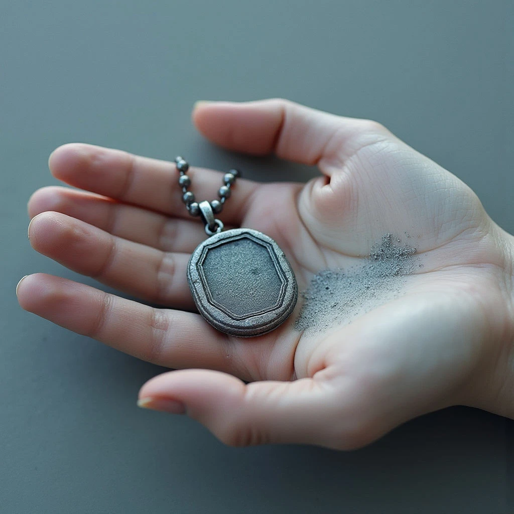 The image features a muted color palette of grays and soft skin tones against a darker gray background. A textured, octagonal pendant rests in the open palm of a hand, alongside a small pile of granular material with similar coloration; both objects appear metallic. Soft light highlights the contours of the hand and pendant while casting gentle shadows within the creases of the skin and edges of the shapes.