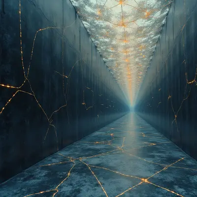 The image depicts a long, narrow corridor with walls constructed of dark blue, textured material resembling stone or concrete. A network of bright orange lines crisscrosses the walls and floor, converging towards a distant point of intense light at the end of the tunnel. The space is defined by strong linear perspective, creating a sense of depth and diminishing scale as it recedes into the glow.