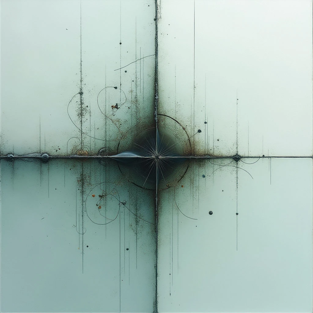 The image is dominated by a pale teal color with variations in tone creating subtle gradients across the surface. A network of thin, dark lines intersect and overlay circular shapes, appearing as delicate scratches or markings against the smoother background. The composition is divided into quadrants by heavier, darker linear elements, with a concentrated area of detail – a dark central point radiating spiky forms – at the intersection of these lines.