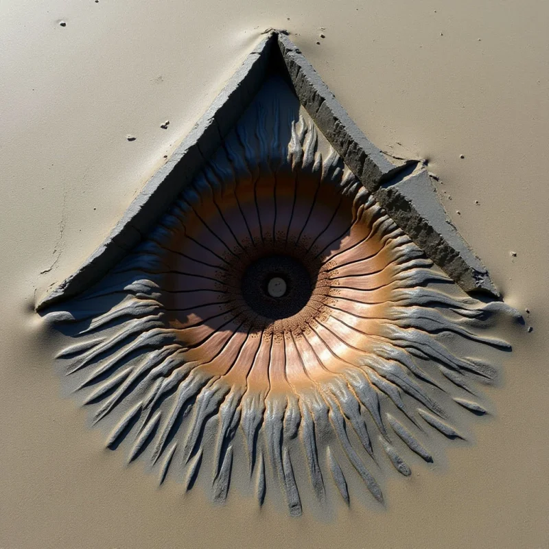 A large, eye-shaped form is carved into a smooth, tan sand surface, featuring concentric circles of deep brown and warm amber tones. Radiating from the central dark pupil are numerous textured, finger-like ridges that transition from fine lines to thick, sculptural protrusions. Bright sunlight creates sharp shadows within the recessed contours, emphasizing the depth and three-dimensional relief of the composition.
