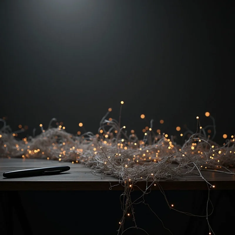 A tangle of thin, wiry strands and glowing warm-white points of light rests upon a dark wooden surface against a solid charcoal background. The composition features a sharp contrast between the bright, scattered circular lights and the deep shadows of the surrounding space. A single, smooth black elongated object lies horizontally on the left side of the textured web of wires.
