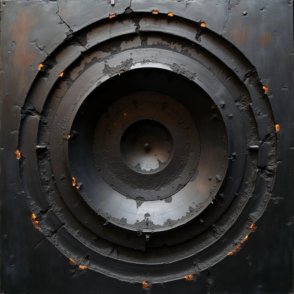 The image features a dark, primarily black and brown color palette with subtle variations in shade suggesting rust or oxidation. Concentric circular forms dominate the composition, creating a sense of depth as they recede towards a central point, while rough, uneven textures contrast with smoother, polished bands. Sparse points of warm orange light are scattered around the perimeter and within the innermost circle, drawing attention to the edges and focal center of the piece.