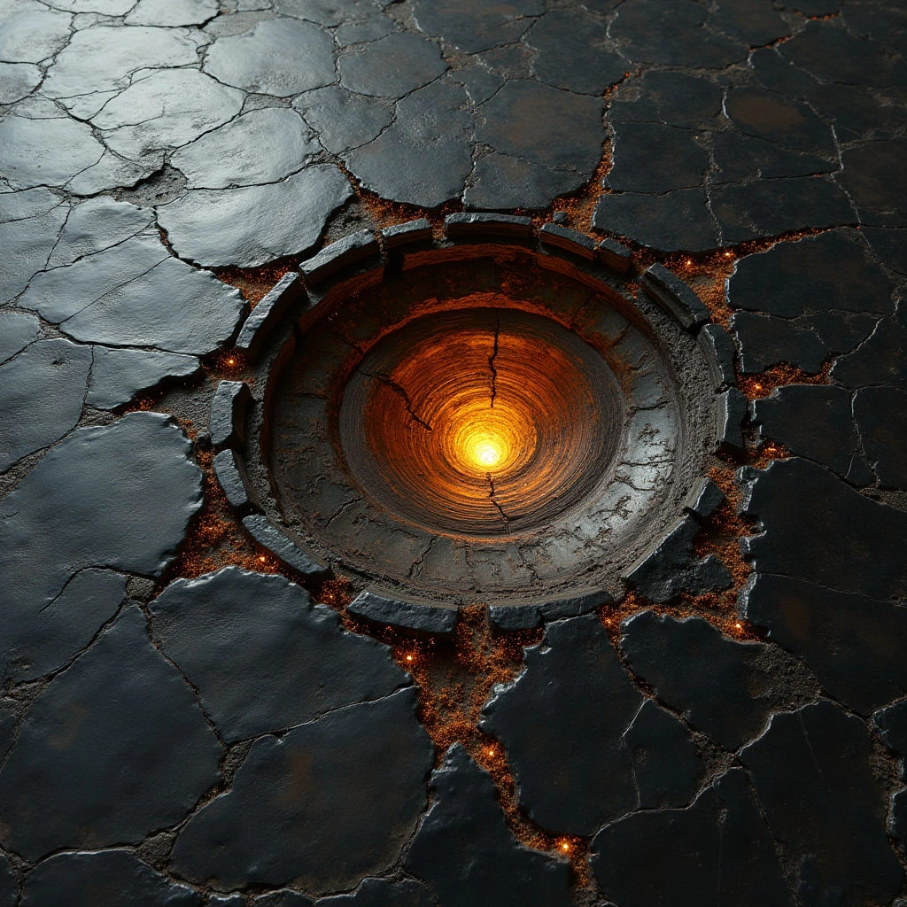 The image features a dark, cracked surface with a circular opening at its center emitting bright orange and yellow light. The surrounding material is rough and fragmented, contrasting with the smoother, wood-like texture within the tunnel of the hole. Light radiates outwards from the central point, diminishing in intensity as it reaches the edges of the cracks and creating small points of illumination along them.