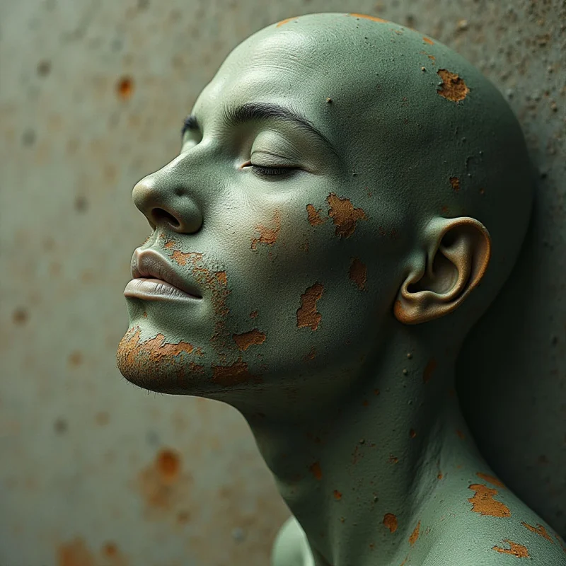 A profile view of a pale green head and neck features patches of textured, rusty orange material peeling away from the surface. The form is set against a similarly colored, mottled background with soft, diffused lighting that emphasizes the smooth curves and irregular, crusty textures. The composition focuses on the side of the face, creating a close spatial relationship between the subject and the textured wall behind it.
