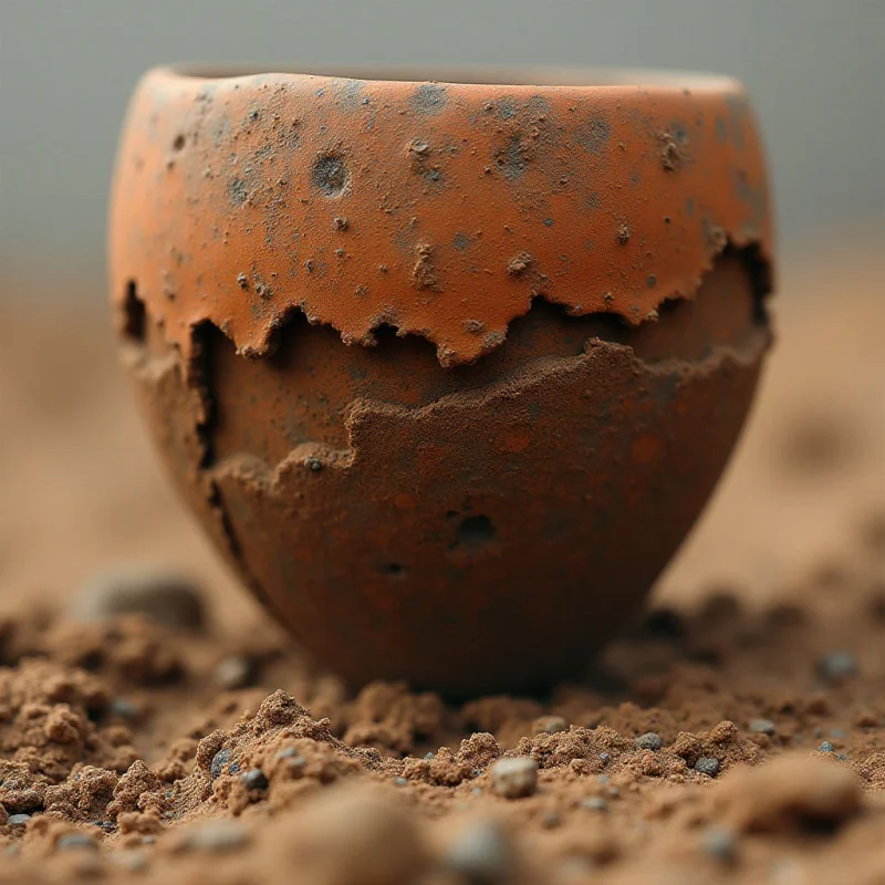 A rounded, terracotta-colored vessel sits amidst a landscape of coarse, brown earth and small pebbles. The object features a rough, pitted texture with jagged, irregular cracks running horizontally around its middle. Soft, diffused light illuminates the scene, creating subtle shadows within the crevices and across the granular ground.