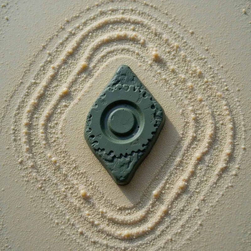 A dark green, diamond-shaped stone with a textured, circular relief sits at the center of a pale beige sandy surface. Concentric, ridged grooves are raked into the fine sand around the object, creating a series of rhythmic, circular patterns. Soft, diffused light casts gentle shadows within the sand's depressions and along the edges of the central stone.