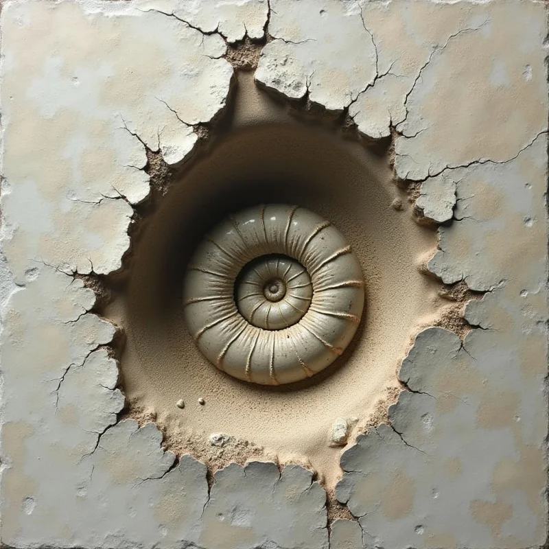 A central, spiraled ammonite fossil sits within a deep, circular crater of sandy tan earth, surrounded by a cracked, off-white surface. The composition features smooth, ridged textures on the shell contrasting with the jagged, granular edges of the surrounding fissures. Light casts soft shadows within the depression, creating a sense of depth and centering the circular form against the irregular, sprawling cracks.