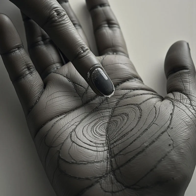 A monochromatic dark gray hand is set against a pale, neutral background. The surface features intricate, concentric line patterns resembling wood grain or topographical maps, creating a complex tactile texture across the skin and fingernails. Soft, diffused light defines the rounded shapes of the fingers and palm, casting subtle shadows that emphasize the depth of the etched lines.