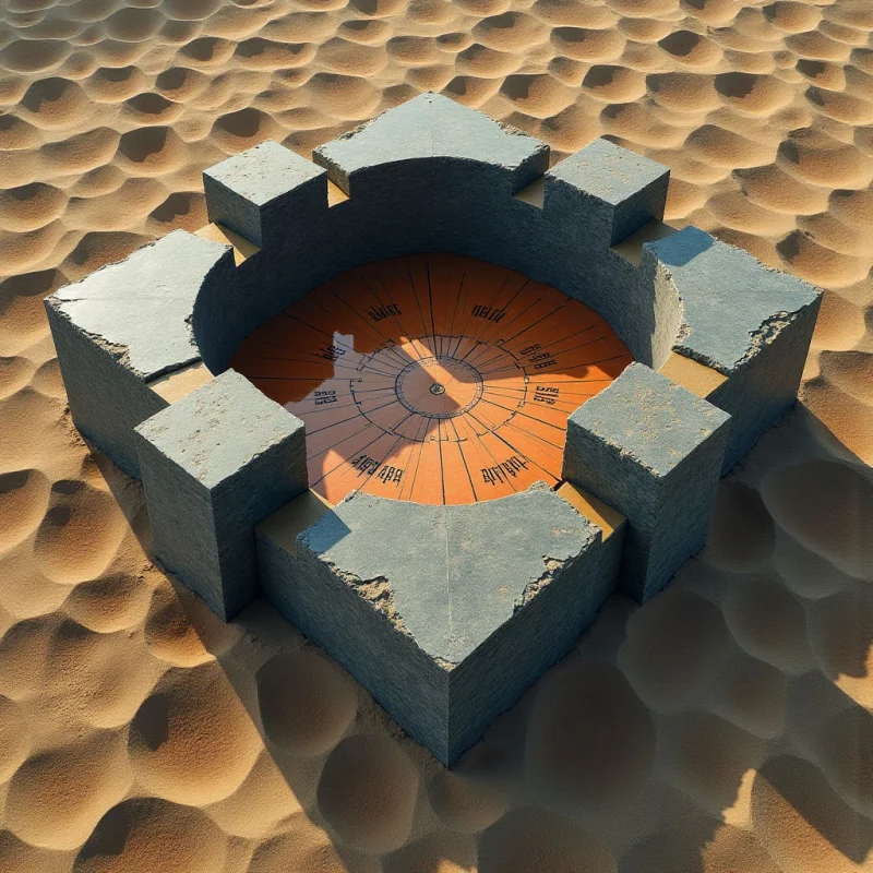 A star-shaped stone structure with jagged, textured edges sits centered within a vast expanse of undulating sand dunes. The interior of the structure contains a smooth, orange surface marked with dark, radial lines and geometric patterns. Warm sunlight casts soft shadows across the rippled terrain and highlights the rough, gray surfaces of the stone walls.