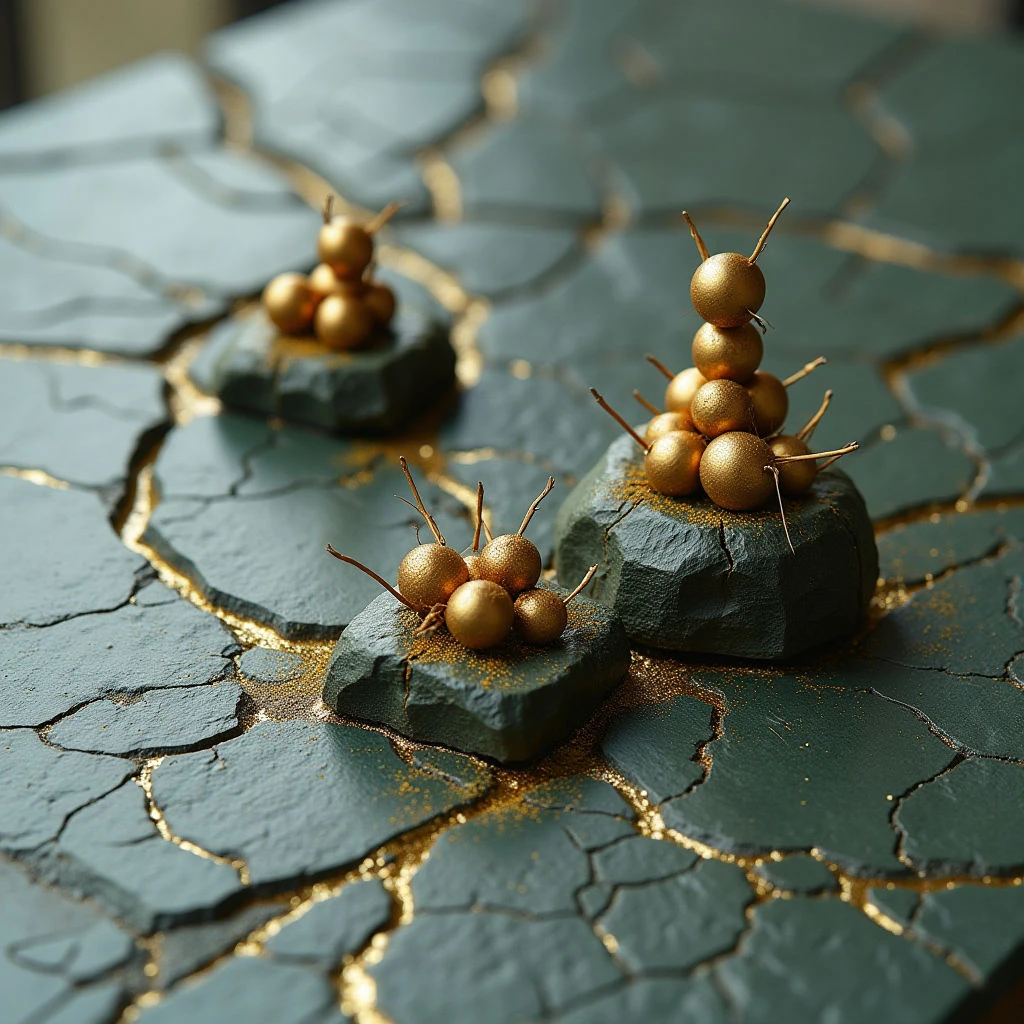 The image features a dark teal surface with irregular cracks filled with gold material, creating a fractured mosaic pattern. Scattered across this base are small, roughly pyramidal forms in muted green tones, each topped with clusters of golden spherical objects supported by thin, linear extensions. Soft, diffused light highlights the metallic sheen of the spheres and gold fissures while casting gentle shadows that suggest depth within the textured surfaces.
