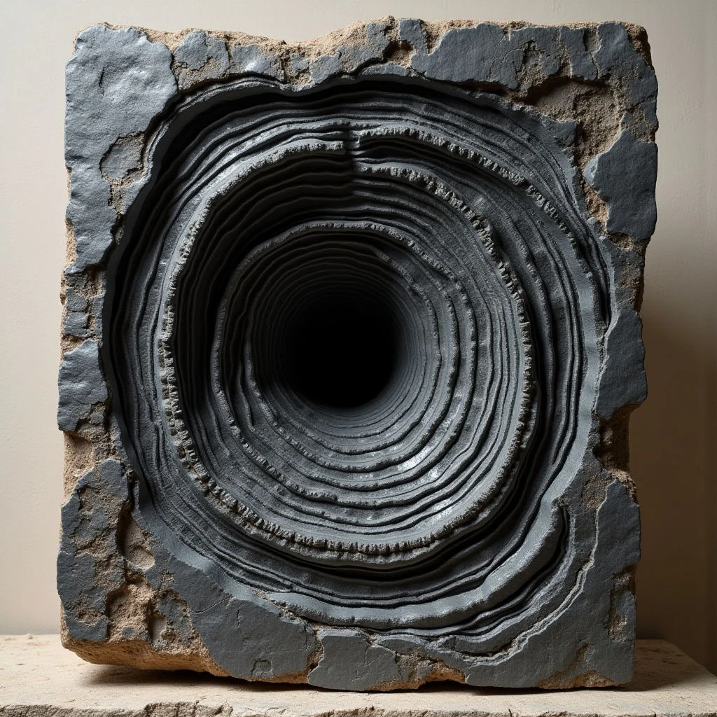 The image features a dark, concentric circular form carved into a roughly square block of lighter material. Gradations of gray define the layered rings that spiral inward towards a central void, creating a sense of depth and recession. Contrasting textures appear between the smooth curves within the circle and the rough, uneven surfaces of the surrounding block.