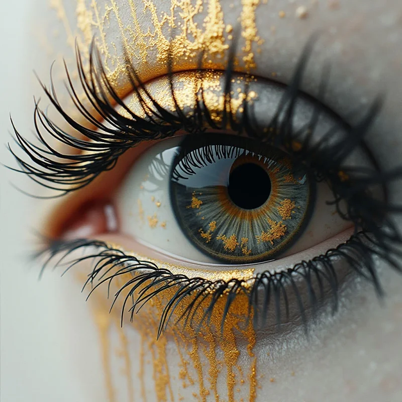 A close-up view features a human eye framed by long, dark, curved eyelashes and accented with shimmering gold glitter. The golden texture appears as both fine dust on the eyelid and as liquid drips running down the skin below the eye. Bright light reflects off the smooth surface of the iris and the moist eye, creating sharp highlights against the pale tones of the surrounding skin.