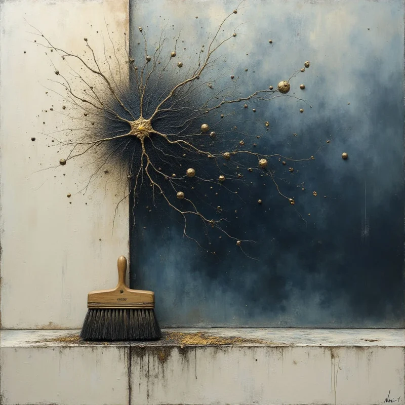 A central, golden neuron-like structure with spindly, branching filaments spreads across a split background of off-white and deep indigo. The composition features a tactile contrast between the smooth, matte surfaces of the panels and the granular, metallic texture of the gold accents. A dark brush rests in the lower foreground, positioned beneath the sprawling network of thin lines and small spherical nodes.