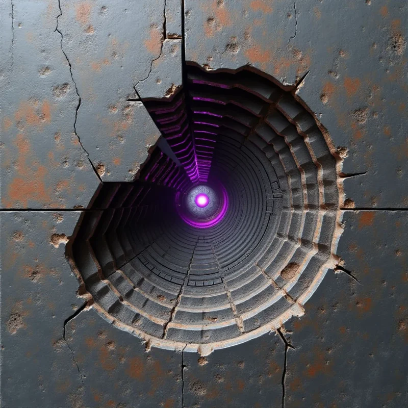 A large circular opening in a cracked, grey stone surface reveals a deep, spiraling tunnel lined with segmented ridges. A bright purple glow emanates from the center of the shaft, casting light onto the textured interior walls and creating a sense of receding depth. The composition is centered on the void, contrasting the rough, weathered exterior with the smooth, rhythmic geometry of the descent.