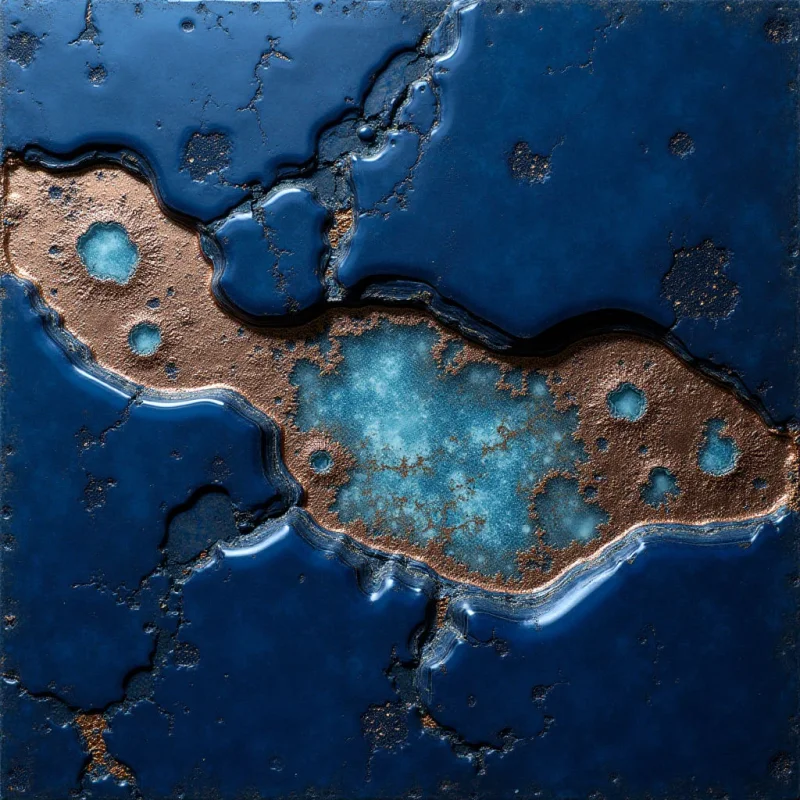 The image is dominated by deep blues with contrasting areas of rust-brown and turquoise. Irregular, organic shapes define a central recessed form surrounded by a cracked, glossy surface, creating varied textures from smooth pools to rough edges. Light reflects strongly off the blue fields and within the depressions, suggesting depth and highlighting the uneven spatial arrangement of materials.