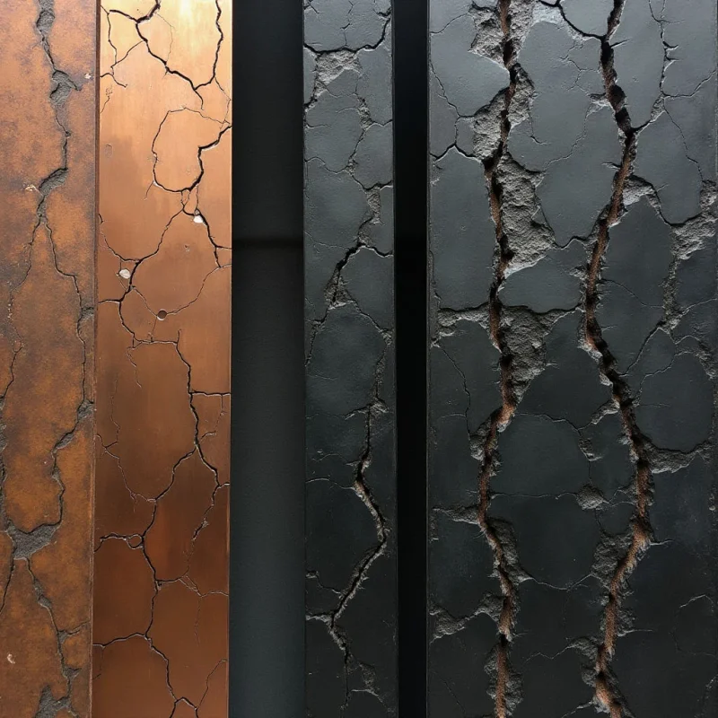 Vertical columns of varying widths are divided into two color groups: warm copper tones on the left and dark charcoal tones on the right. Each column features a heavily cracked, irregular texture with deep fissures that reveal underlying layers. The composition is organized by these parallel vertical elements, creating a rhythmic pattern of light and shadow across the surface.