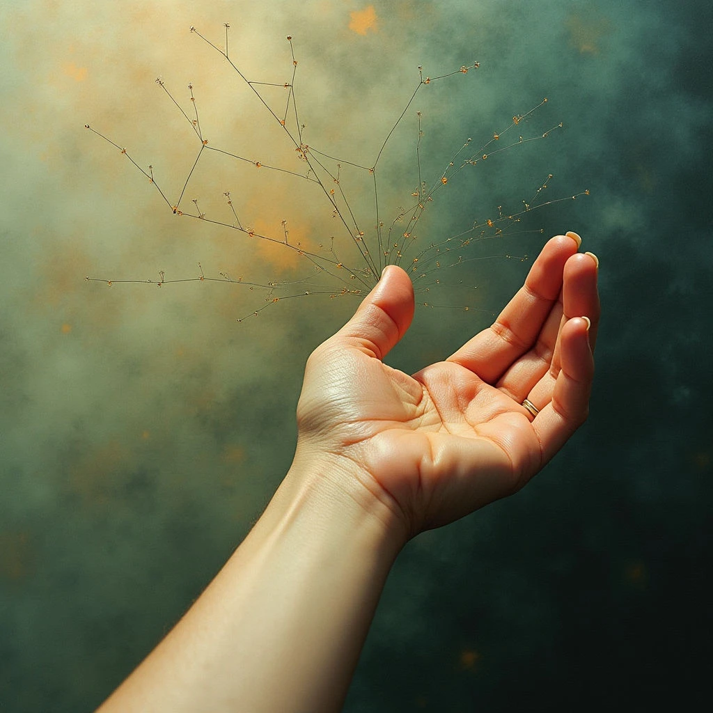 The image features a pale hand held open against a blurred background of muted greens and golds. A network of thin golden lines radiating from small points extends outward from the palm, creating a delicate, branching structure. Light appears soft and diffused, with warmer tones concentrated around the center of the hand and fading towards cooler shades in the background.