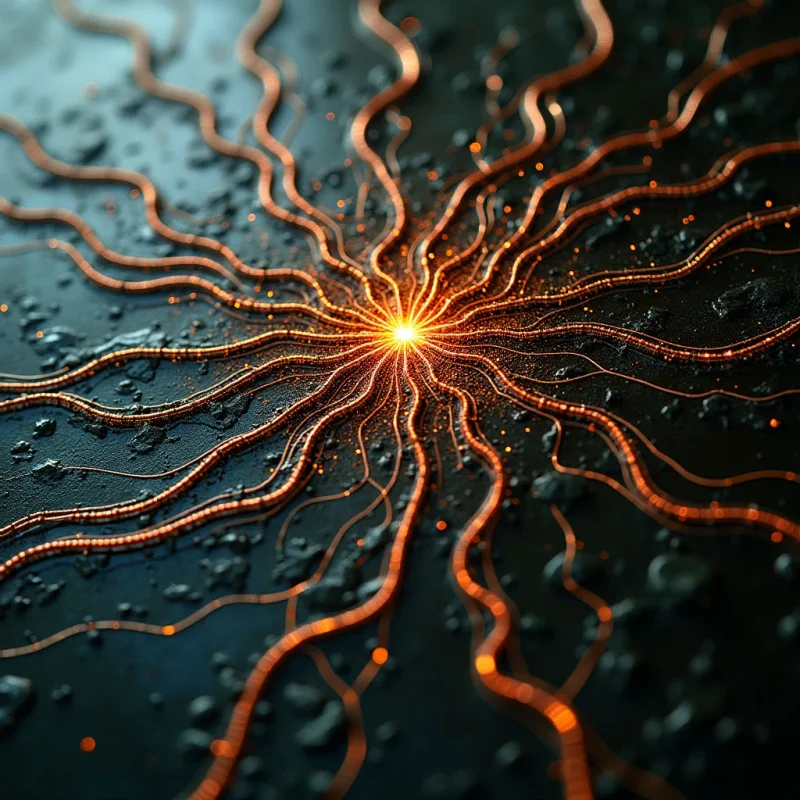 Glowing orange filaments radiate from a central bright point across a dark, textured surface of irregular black shapes. The thin, undulating lines contrast with the coarse, matte terrain through their luminous color and metallic sheen. Light emanates from the center, casting a warm glow along the length of the curved paths and highlighting the uneven topography.