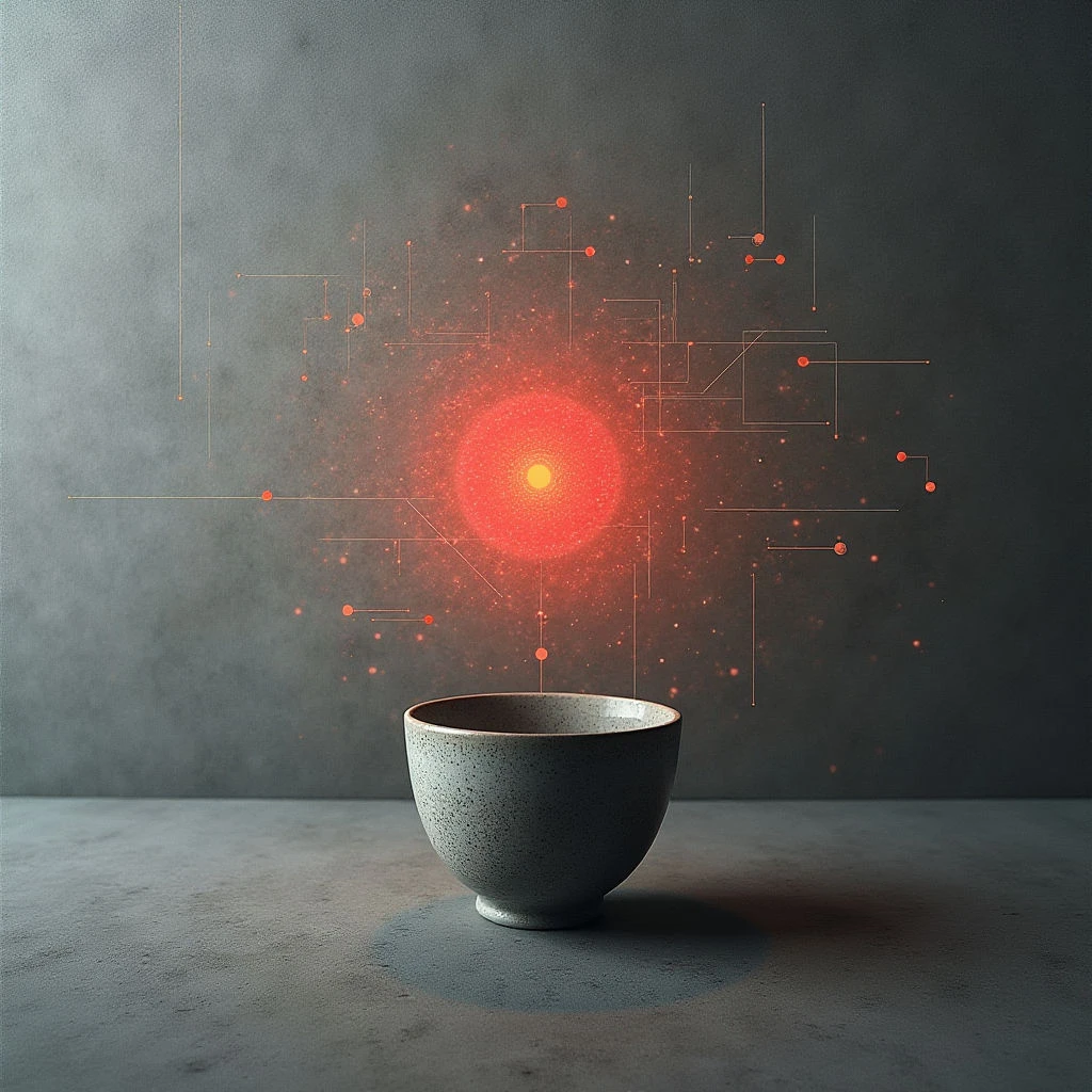 The image features a gray bowl centered in the foreground against a darker gray backdrop with subtle texture variations. Above the bowl rises a radiant sphere of red light connected by thin orange lines forming a network-like structure, appearing to float and emanate from within the vessel. Light softly illuminates the bowl’s surface and casts a gentle shadow, creating a sense of depth between the object and its surroundings.