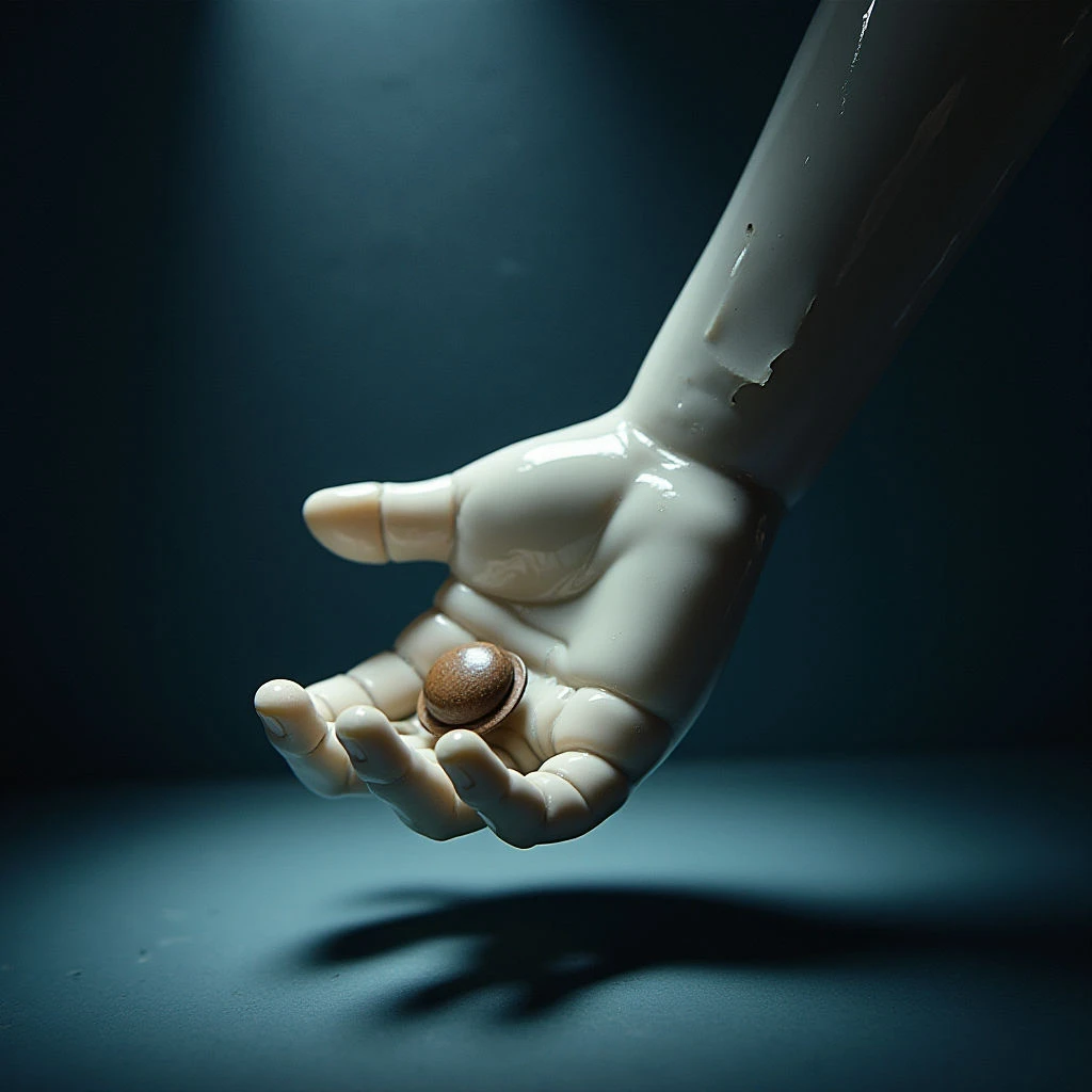 The image is dominated by cool teal and blue tones with a contrasting warm brown sphere held in an open hand. The hand appears smooth and plastic-like, reflecting light while the background remains largely shadowed, creating a distinct contrast in texture. Spatial relationships suggest a close focus on the hand and object, set against a blurred, undefined depth.