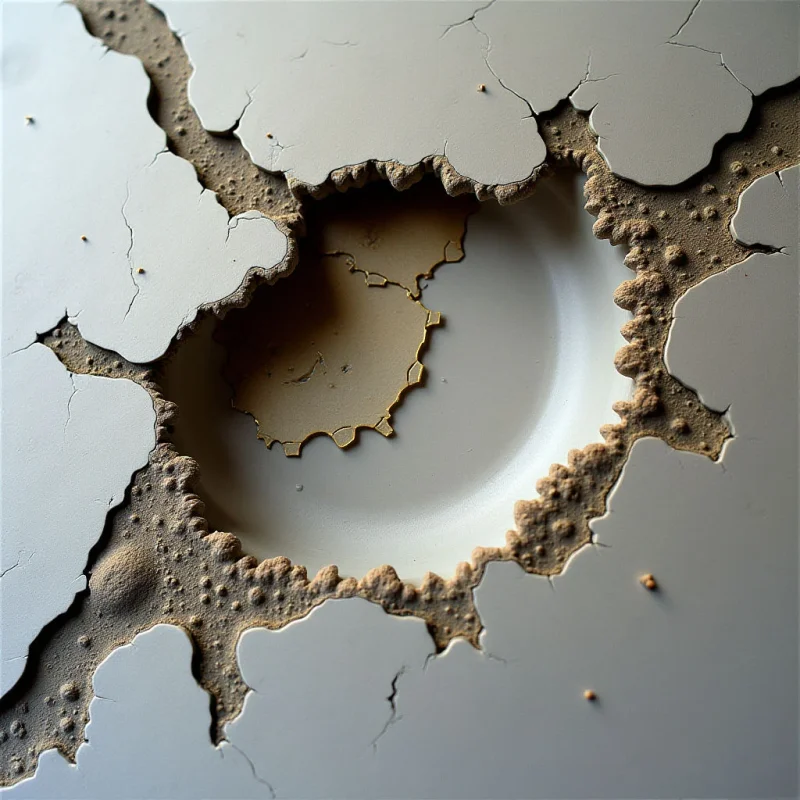 A large, irregular crater with jagged, textured edges dominates a smooth, off-white surface marked by fine cracks. The interior of the void reveals layered shades of tan and beige, creating a sense of depth through concentric circular shapes. Soft, diffused light casts subtle shadows within the crevices and along the uneven rim of the opening.