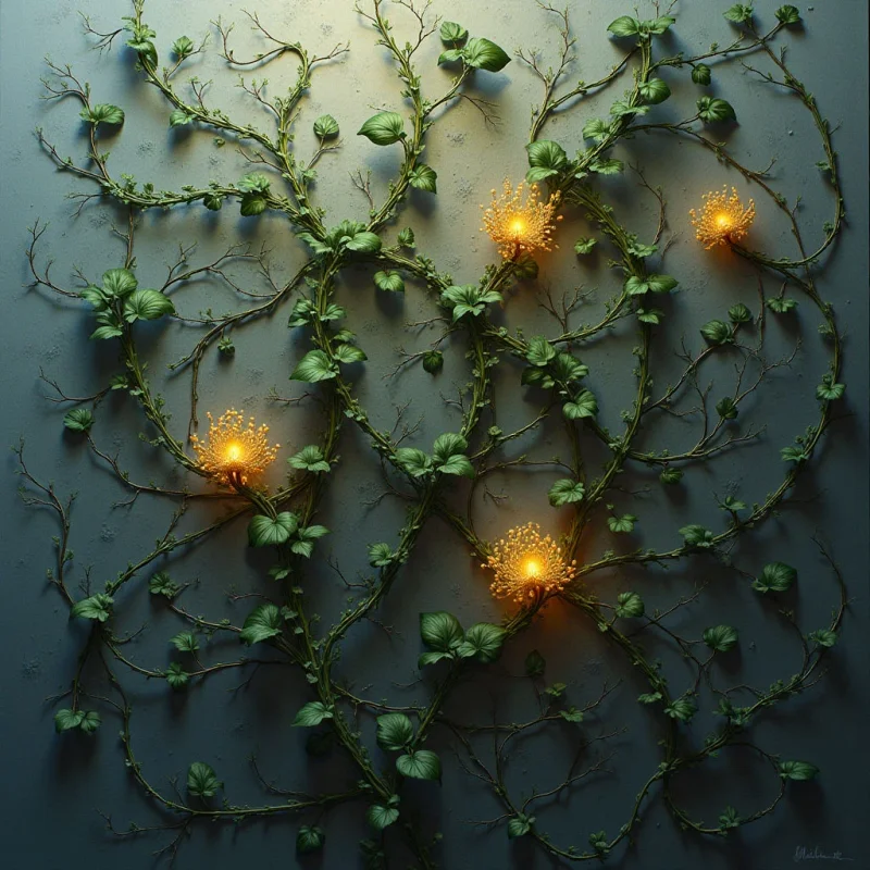 Delicate vines with small, rounded green leaves twist and turn across a dark gray surface, forming an abstract shape reminiscent of a heart. Scattered among the foliage are glowing orbs of golden light, appearing like fireflies or luminous blossoms. The scene is softly lit, creating gentle shadows that emphasize the texture of both the plant life and the background.