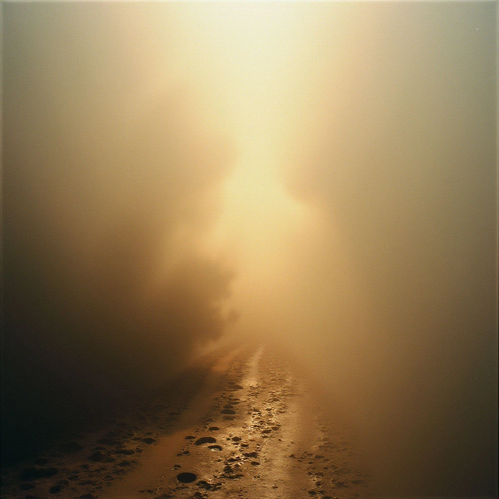 A sandy beach stretches into a thick, golden fog that obscures the horizon. Footprints mark a path through the wet sand, leading towards an intensely bright light source hidden within the haze. The overall tone is warm and ethereal, creating a sense of mystery and isolation.