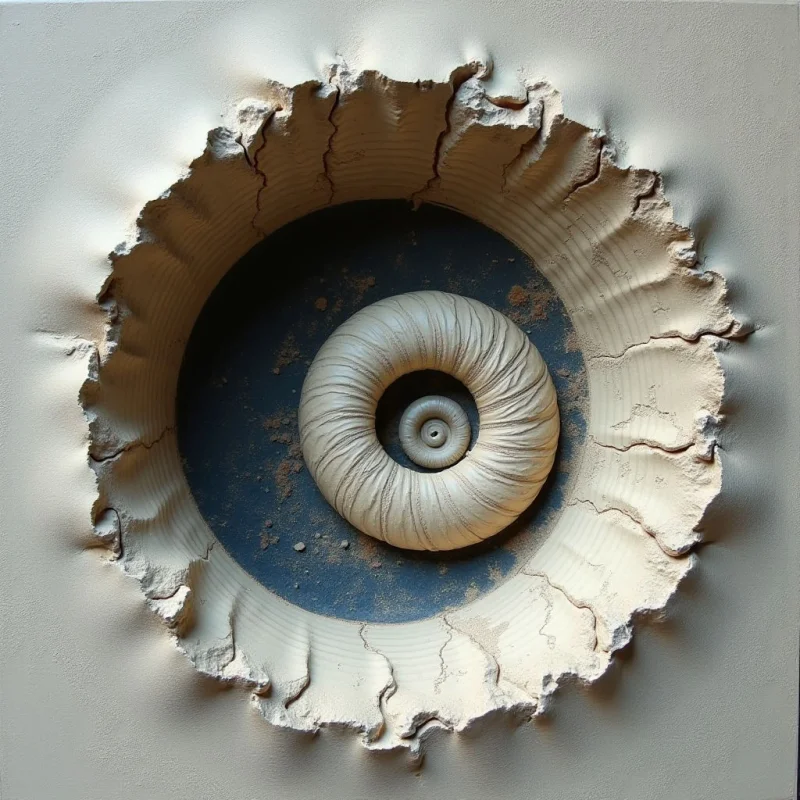 A cream-colored, textured surface features a large circular opening with jagged, cracked edges that reveal a dark blue interior. Centered within this void is a coiled, ridged spiral shape in the same light tone as the surrounding frame. Light falls from the side, casting shadows that emphasize the deep grooves of the spiral and the uneven depth of the crater-like aperture.