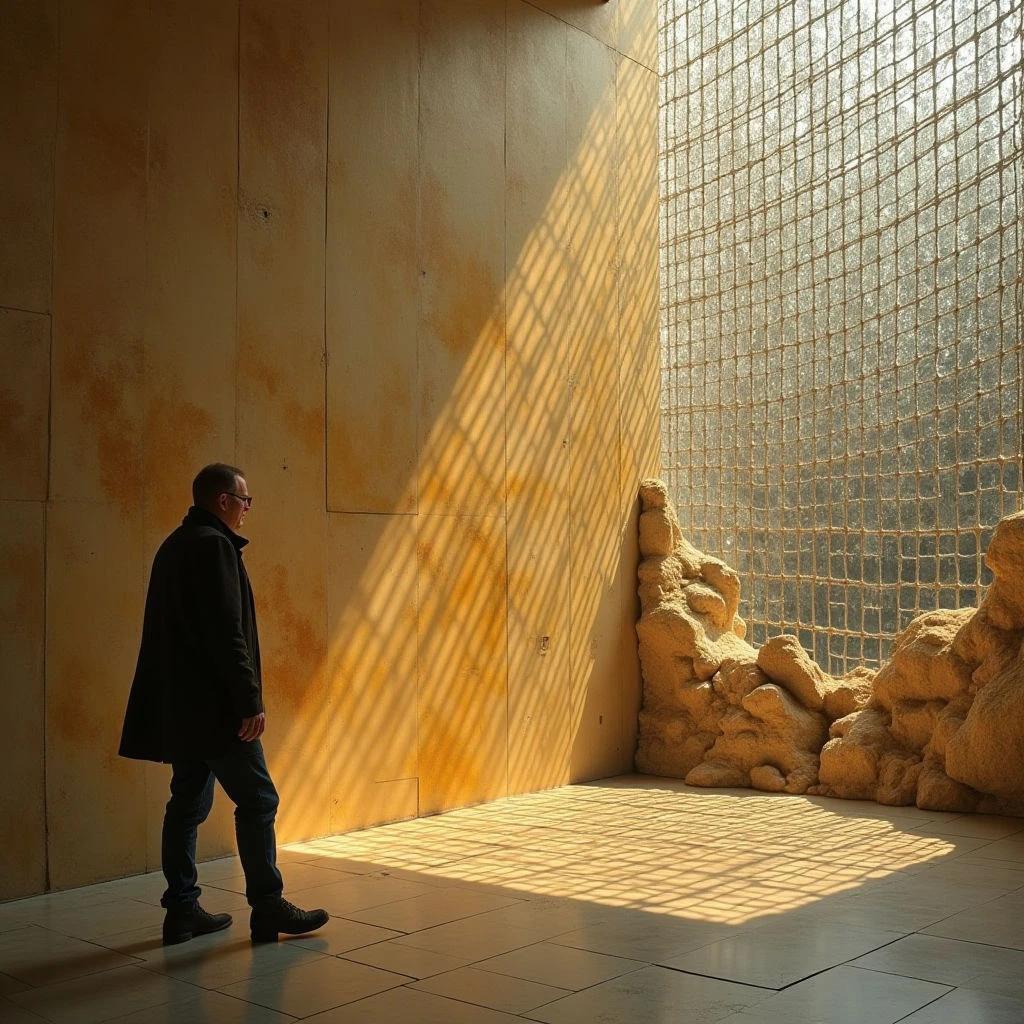 The scene is dominated by warm tones of ochre and gold, with a contrasting dark figure in the lower left. Strong directional light casts sharp shadows across a textured wall and tiled floor, while a large grid-patterned window provides diffused illumination to a sculptural form on the right. The spatial arrangement suggests a large, open room where the figure is walking alongside a substantial architectural element and organic shapes.