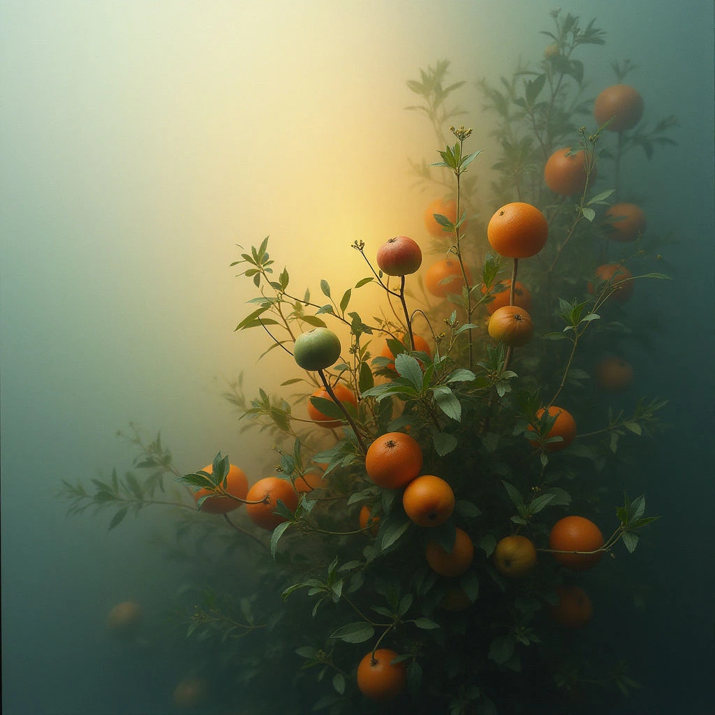 A cluster of branches laden with vibrant oranges and a few green fruits extends into a hazy, muted space. The background fades from a soft yellow glow to a deep teal, creating an ethereal atmosphere around the foliage. Several loose oranges drift amongst the leaves, suggesting a sense of abundance and gentle decay.