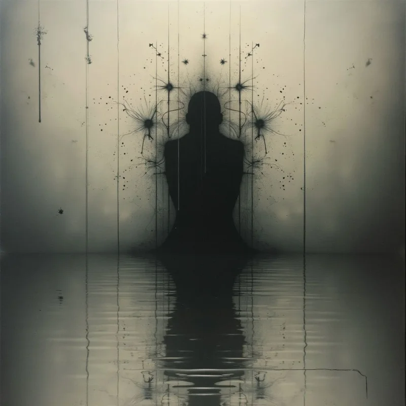 A dark silhouette of a person sits submerged in water, facing away from the viewer. Above their head, a constellation-like burst of small dots and lines seems to emanate outwards, almost like sparks or energy. The scene is muted and grayscale with drips running down a pale background, creating an ethereal and somber atmosphere.