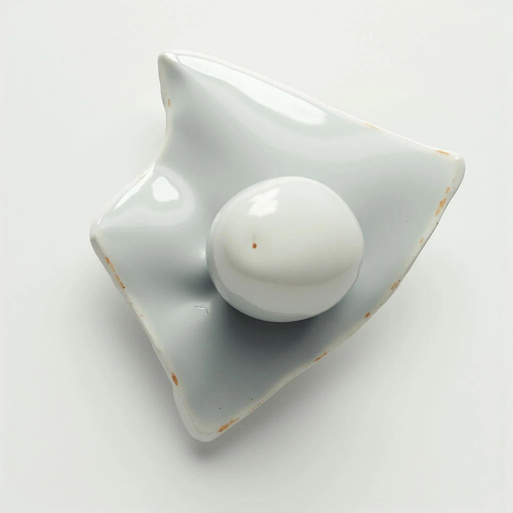 A pale blue, star-shaped dish holds a small, white sphere at its center. Both objects have subtle imperfections – tiny flecks of brown are scattered across their surfaces. They rest on a clean, bright white background.