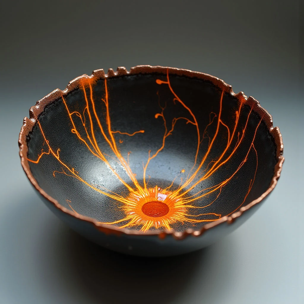 The image features a dark, bowl-shaped form with radiating lines of bright orange emanating from a central point. The interior surface appears textured and slightly granular, contrasting with the rough, uneven edge of the vessel itself which is a metallic copper tone. Light focuses on the center of the bowl, creating highlights and shadows that emphasize its depth against a muted gray background.