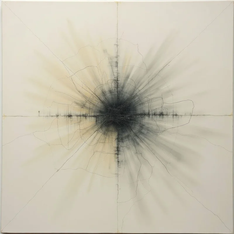 A dark, chaotic center explodes outwards with radiating lines and smudges on a light background. A thin horizontal line bisects the composition, suggesting a distant horizon or plane. Delicate sketched lines weave through the spray, adding complexity to the overall burst of energy.