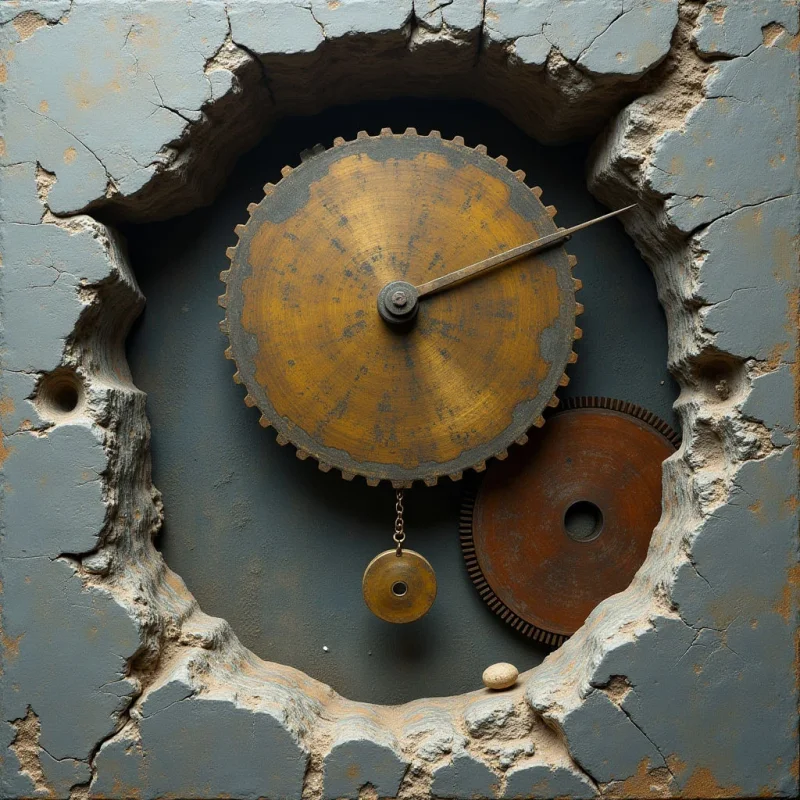 A large, notched brass gear dominates the center of a dark gray recessed space, featuring a thin needle extending toward the upper right and a small disc suspended from its bottom edge. A second, smaller reddish-brown gear sits partially obscured in the lower right, positioned within an irregular, crater-like opening framed by jagged, cracked light blue concrete. The composition relies on circular metallic shapes set against rough, stony textures and deep shadows that define the depth of the central cavity.