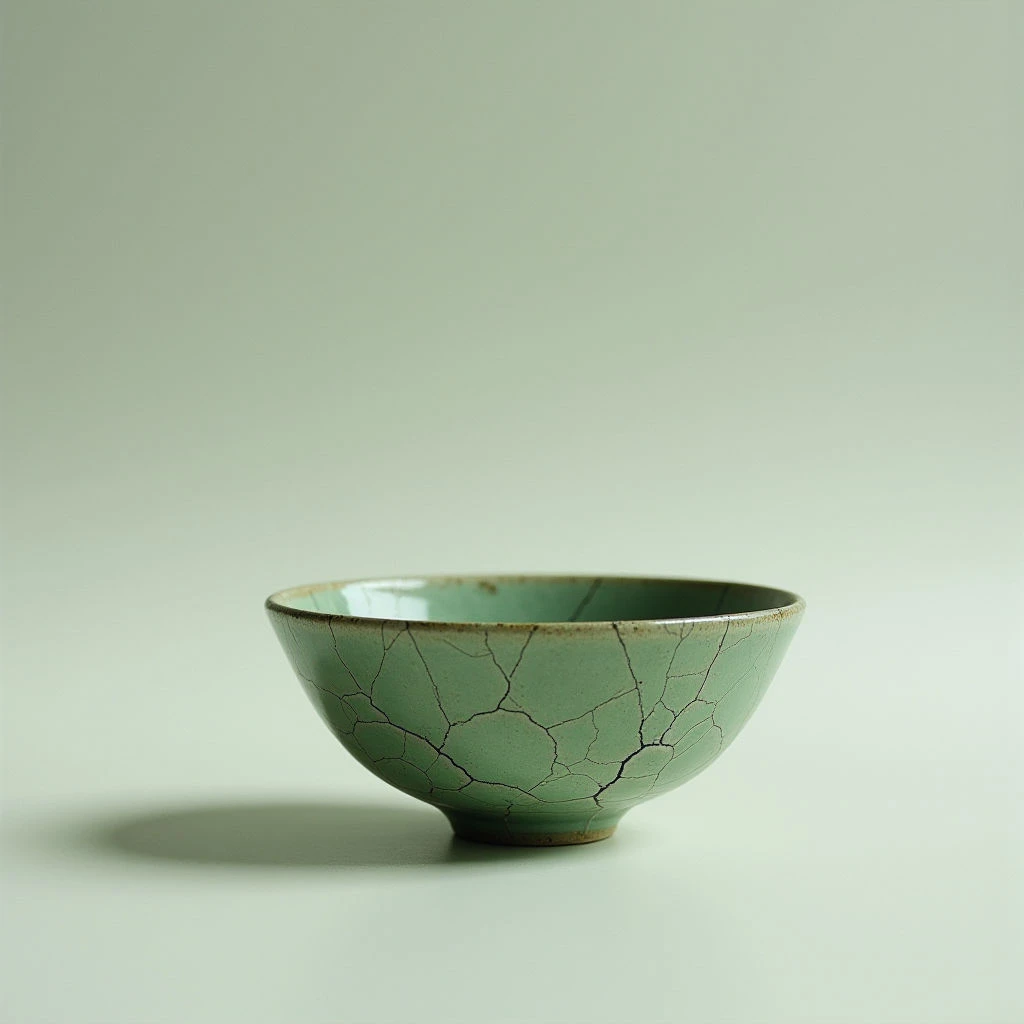 The image features a rounded bowl with a pale green glaze extensively cracked in a network of darker lines. The bowl rests on a flat surface and casts a soft shadow to its left, suggesting diffused lighting from the right. A smooth, neutral green background provides contrast and emphasizes the bowl’s form and texture.