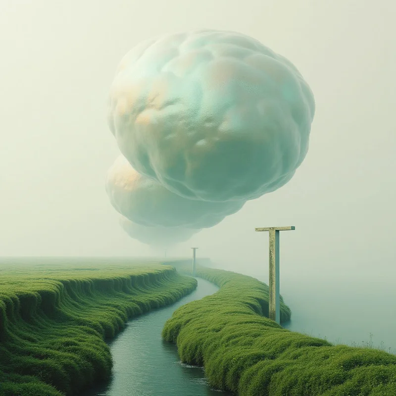 The image features a predominantly pastel color palette of greens, blues, and soft peach tones, with a hazy, muted background. Two large, rounded forms—appearing almost organic in texture—float above a landscape of gently curving green terrain bisected by a narrow waterway. Sparse wooden structures stand vertically along the water’s edge, receding into the distance under a diffused light that creates a sense of atmospheric depth.