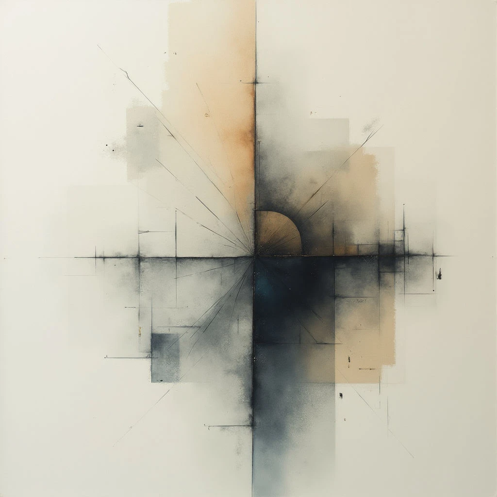 A vertical line bisects a pale, off-white field into symmetrical halves with soft, blended washes of tan and gray. Delicate lines radiate outward from the center point on the dividing line, intersected by geometric shapes and small dark marks that suggest construction or notation. The overall impression is one of balance and ethereal precision within an abstract space.