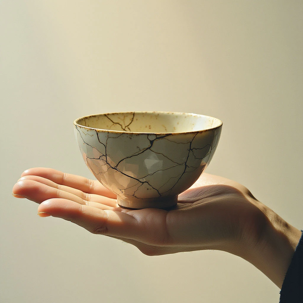 The image features a ceramic bowl held in an open palm against a muted beige background. The bowl exhibits a cracked glaze pattern with colors ranging from pale greens and browns to off-white, contrasting with the smooth texture of the hand’s skin. Soft light casts subtle shadows on both the bowl and hand, defining their rounded shapes and suggesting depth within a close spatial arrangement.