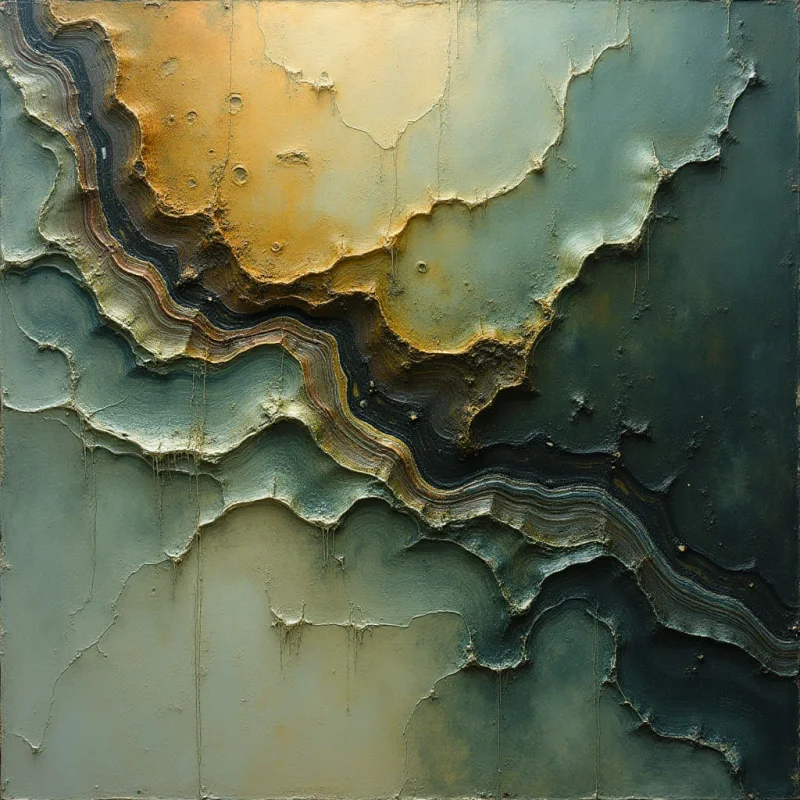 The image features a palette of muted greens and golds with areas of dark brown and black concentrated in layered, flowing forms. Highly textured surfaces dominate the composition, appearing built up and eroded with irregular edges and visible striations. Light appears to subtly highlight the raised portions of these forms, creating depth within a relatively shallow spatial arrangement.