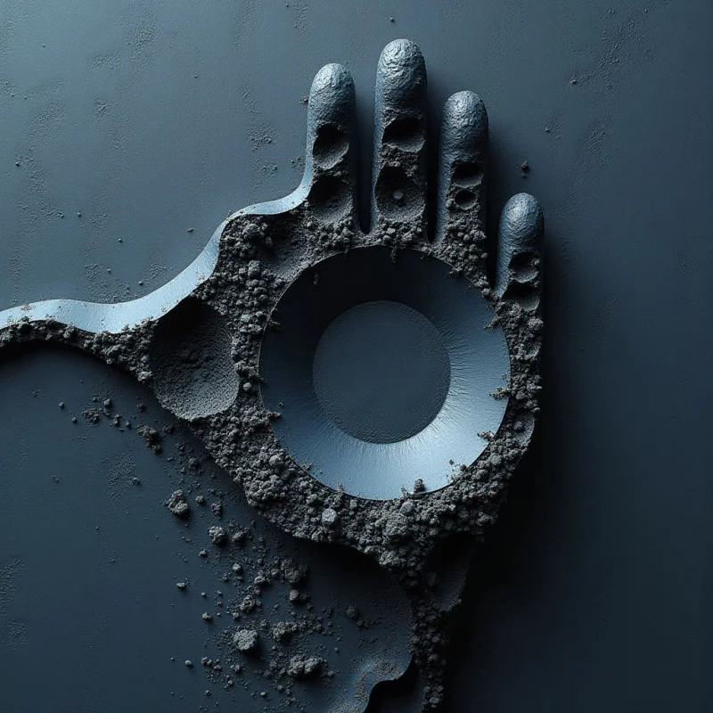 A dark slate blue palette dominates the scene, featuring smooth matte surfaces contrasted against coarse, granular powder. A stylized hand shape is formed by a combination of solid geometric cutouts and irregular clusters of textured particles. Soft, directional light creates subtle shadows within the depressions and highlights the craggy relief of the scattered grains.