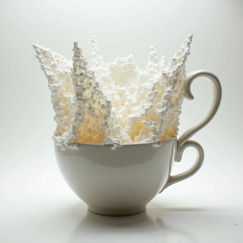 A pale teacup overflows with a frothy, white substance that resembles seafoam or whipped cream. Hints of yellow peek through the dense mass at the base, suggesting something liquid underneath. The cup and its contents stand against a bright, neutral background.
