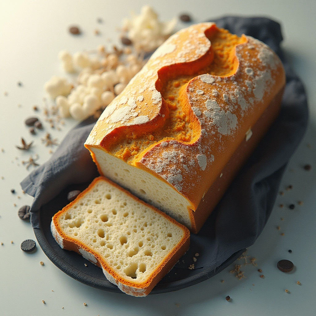 A loaf of golden-brown bread sits sliced on a dark gray plate, revealing a soft, airy interior. The bread is dusted with flour and rests near a scattering of fluffy white marshmallows and small brown spices. It’s all set against a pale blue surface, creating a warm and inviting still life.