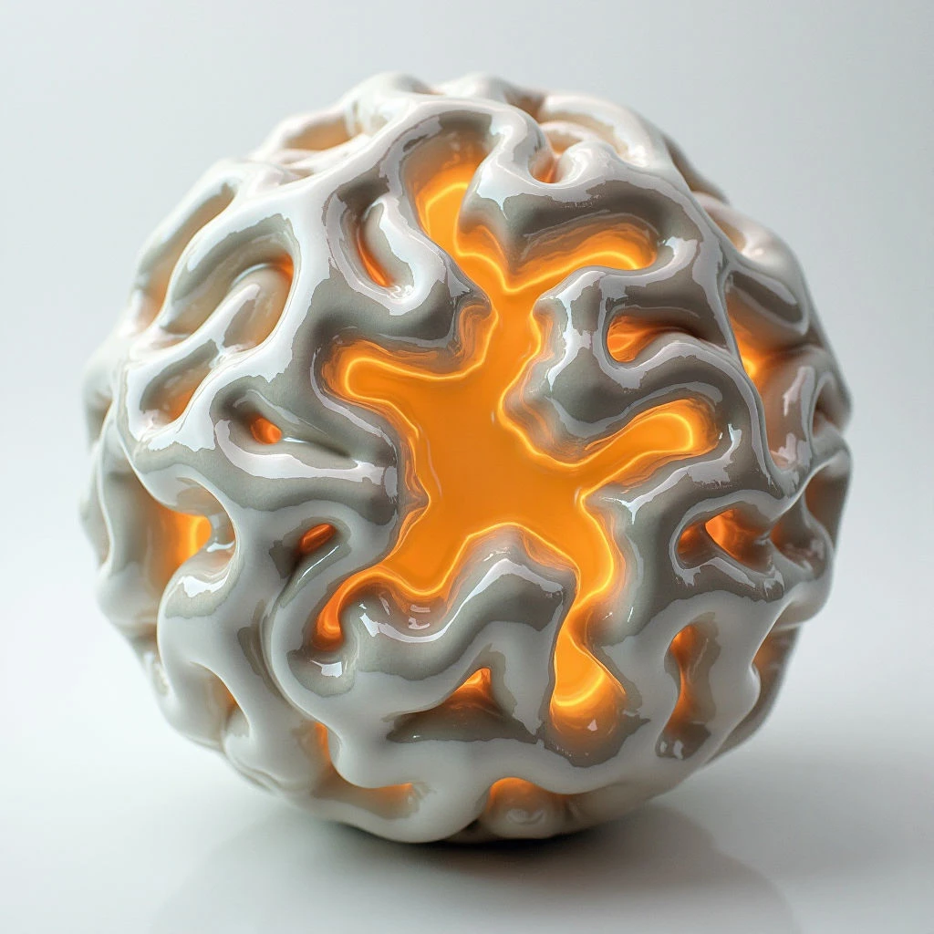 A rounded, organic form with a complex network of swirling ridges and valleys dominates the frame. Glowing orange light shines through openings within the structure, creating a striking contrast against its pale gray exterior. The object rests on a reflective surface, subtly mirroring its shape and enhancing the sense of depth.