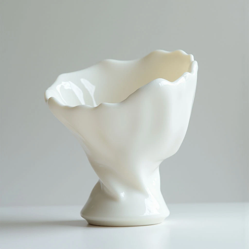 A white, sculptural vase sits on a smooth surface against a light grey background. The vase has an organic, flowing shape with undulating edges that resemble petals or waves. Its glossy finish reflects soft light, highlighting the curves and form of the piece.