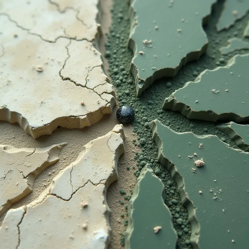 Cracked, flat planes of pale cream and muted sage green meet at jagged edges, creating a fragmented surface. A single, dark, spherical object sits nestled in the central crevice where the textures transition from smooth matte surfaces to fine, granular powder. Light falls evenly across the composition, emphasizing the sharp relief of the fissures and the depth of the crevices.
